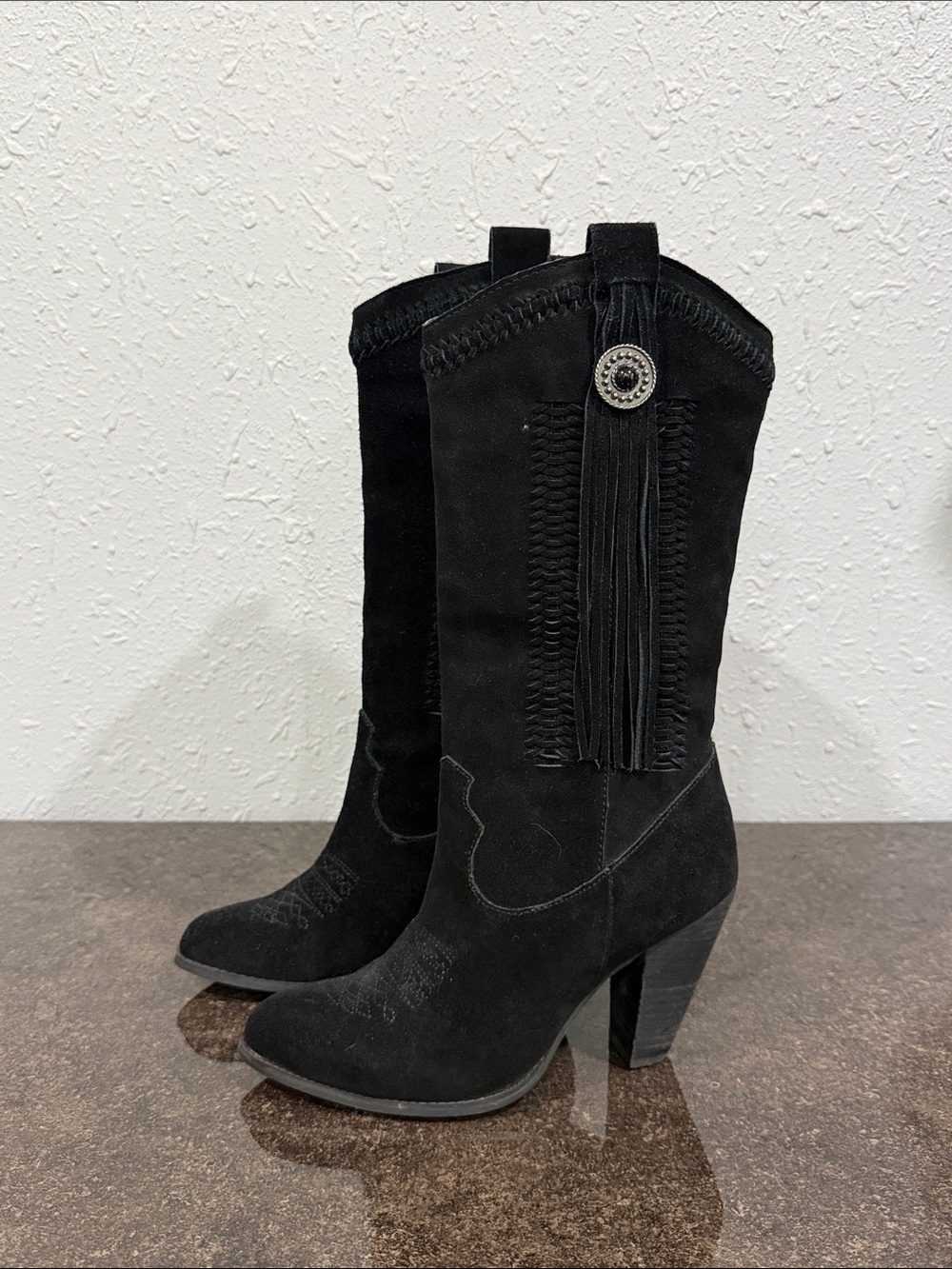 Reba Black Suede Western Tassel Boots Size 6.5